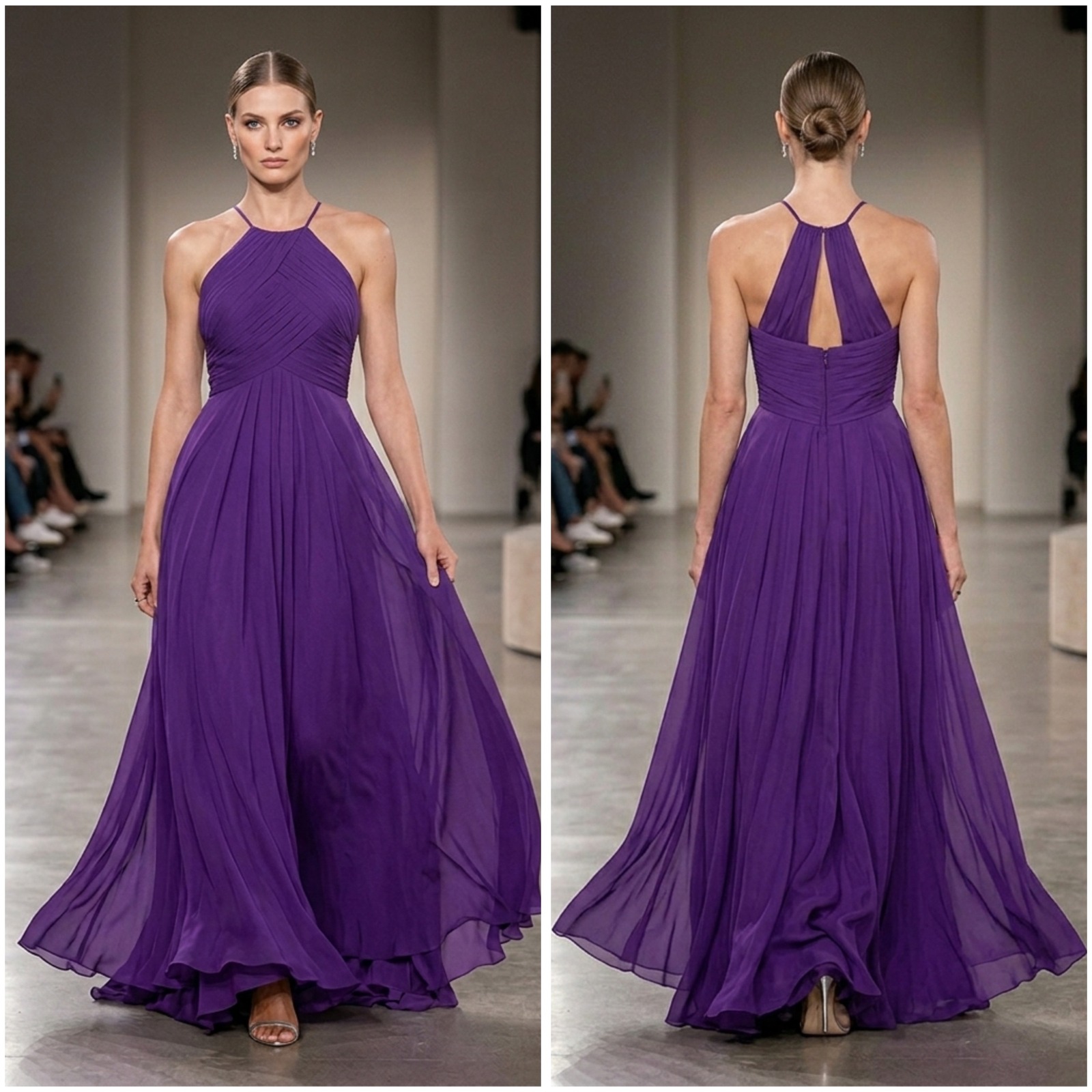 Azazie Ginger Halter Maxi Dress Grape Purple Chiffon Bridesmaid Gown A8 New